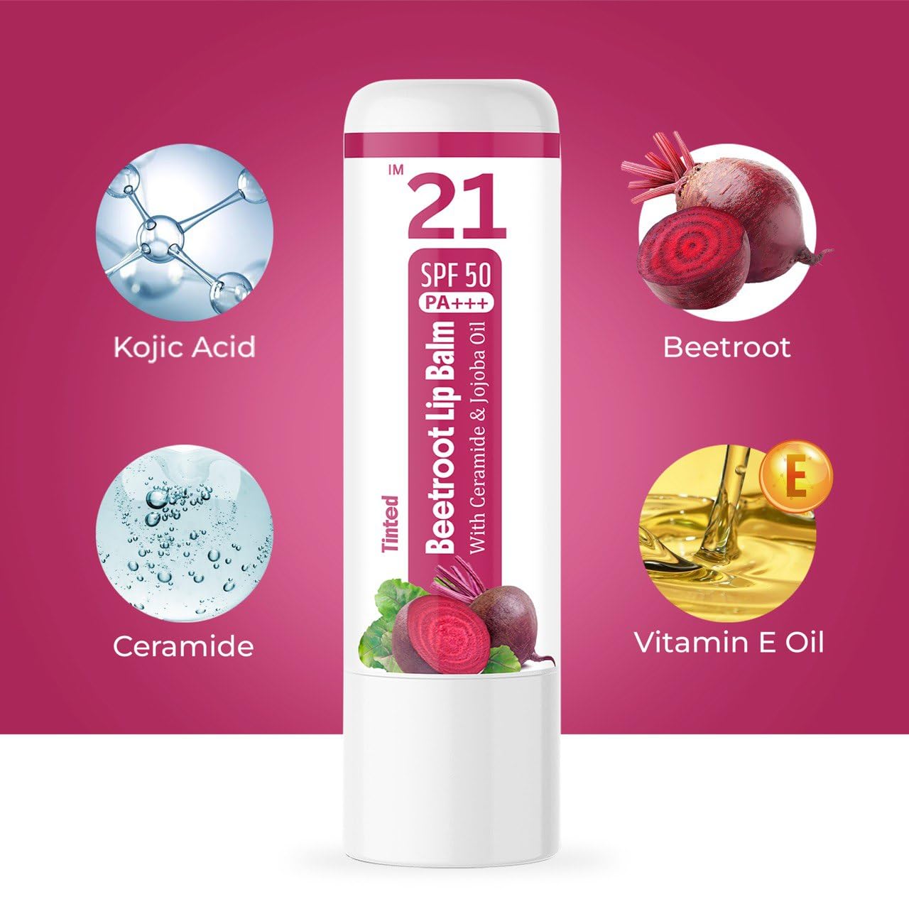IM 21 Tinted Beetroot Lip Balm with SPF 50 PA+++ – Moisturizing Chapstick with Ceramide & Kojic Acid (Pack of 2)