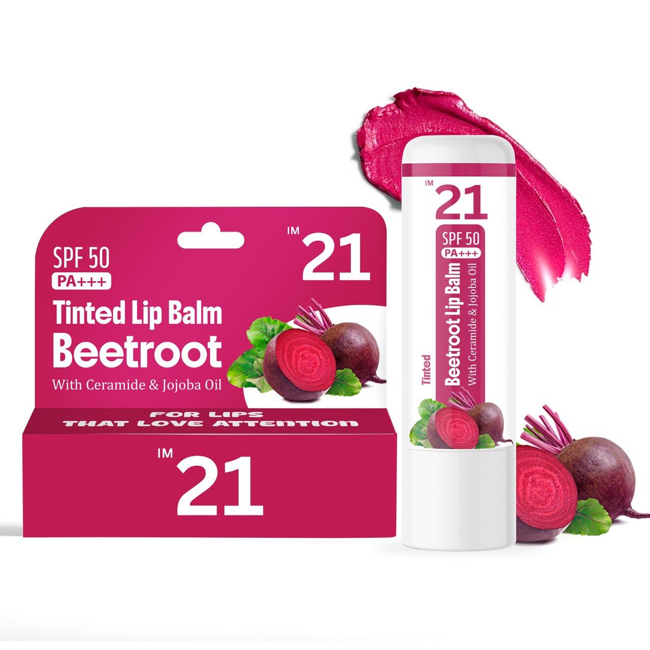IM 21 Tinted Beetroot Lip Balm with SPF 50 PA+++ – Moisturizing Chapstick with Ceramide & Kojic Acid (Pack of 2)