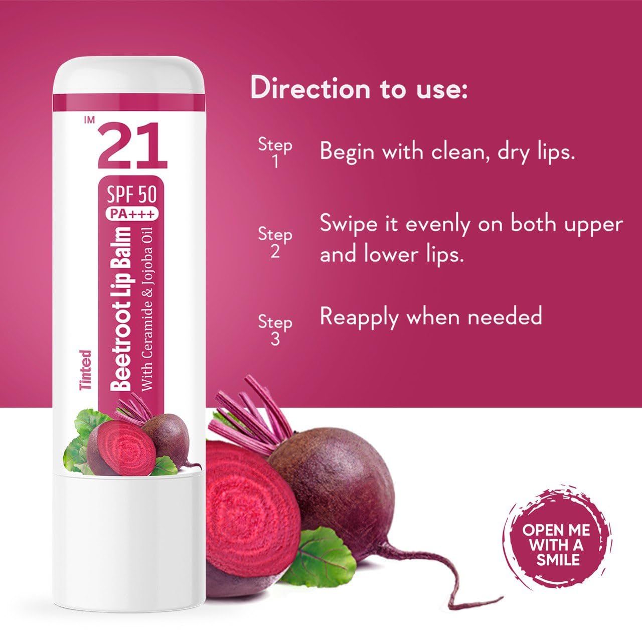 IM 21 Tinted Beetroot Lip Balm with SPF 50 PA+++ – Moisturizing Chapstick with Ceramide & Kojic Acid (Pack of 2)
