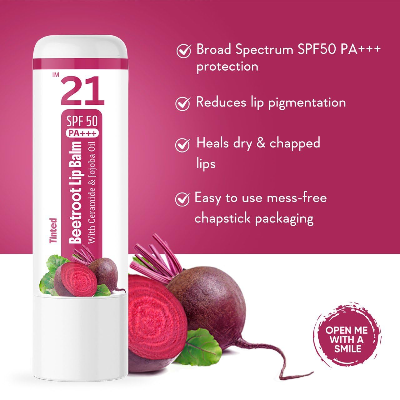 IM 21 Tinted Beetroot Lip Balm with SPF 50 PA+++ – Moisturizing Chapstick with Ceramide & Kojic Acid (Pack of 2)