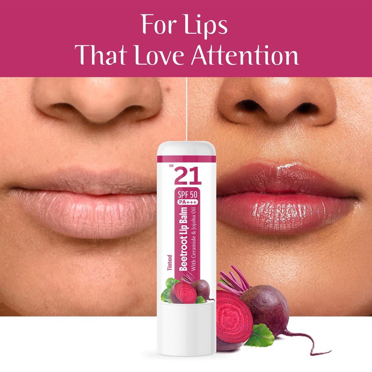 IM 21 Tinted Beetroot Lip Balm with SPF 50 PA+++ – Moisturizing Chapstick with Ceramide & Kojic Acid (Pack of 2)